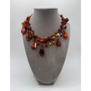 Vintage Carnelian Chip Necklace Brass Chain Boho Statement Extended Length